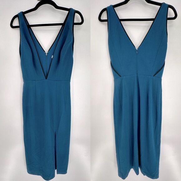 Dress The Population Deep V Neck Crepe Midi With Black Pipping Dress - Picture 1 of 6